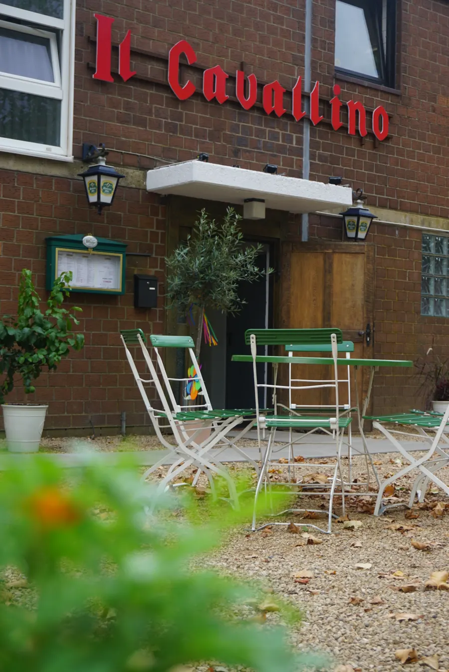 Au&szlig;enansicht von il cavallino mit rotem Schriftzug, Olivenbaum und gr&uuml;nen Bistrost&uuml;hlen vor dem Eingang